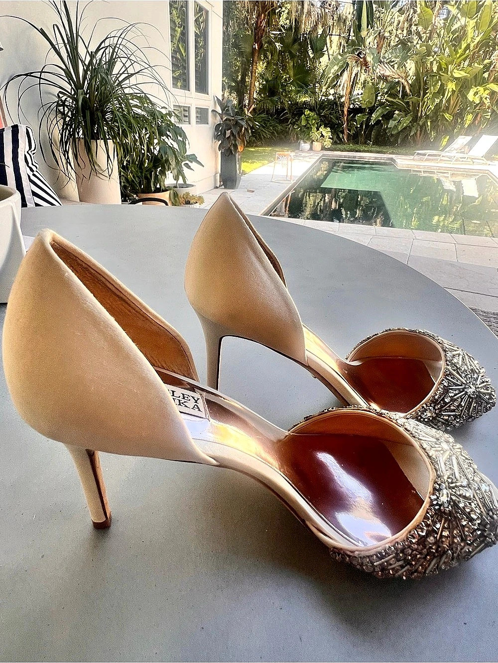 Badgley Mischka Kiara Embellished Peep-Toe Pumps in Beige & Silver - Picture 5 of 9
